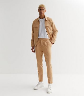 Stone Double Pleated Tapered Leg Suit Trousers