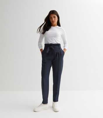 Navy High Rise Tie Waist Paper Bag Trousers