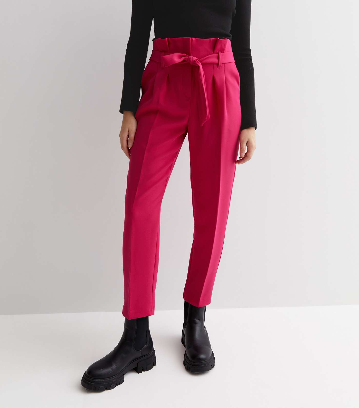 Deep Pink High Rise Tie Waist Paper Bag Trousers Image 2