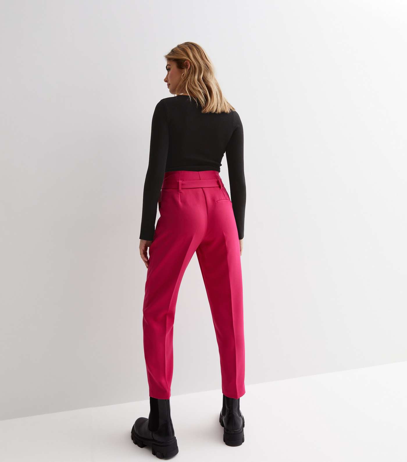Deep Pink High Rise Tie Waist Paper Bag Trousers Image 4