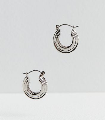 Silver Tone Ribbed Hoops New Look