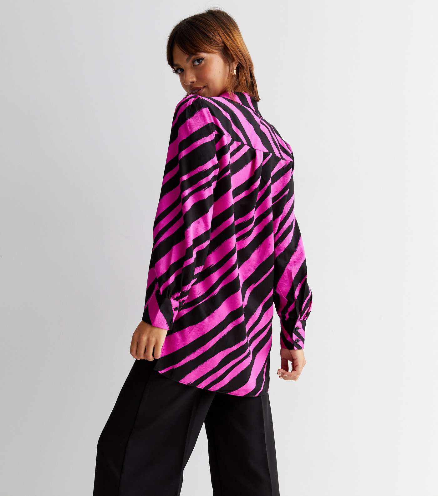 Pink Stripe Satin Long Sleeve Longline Shirt Image 4