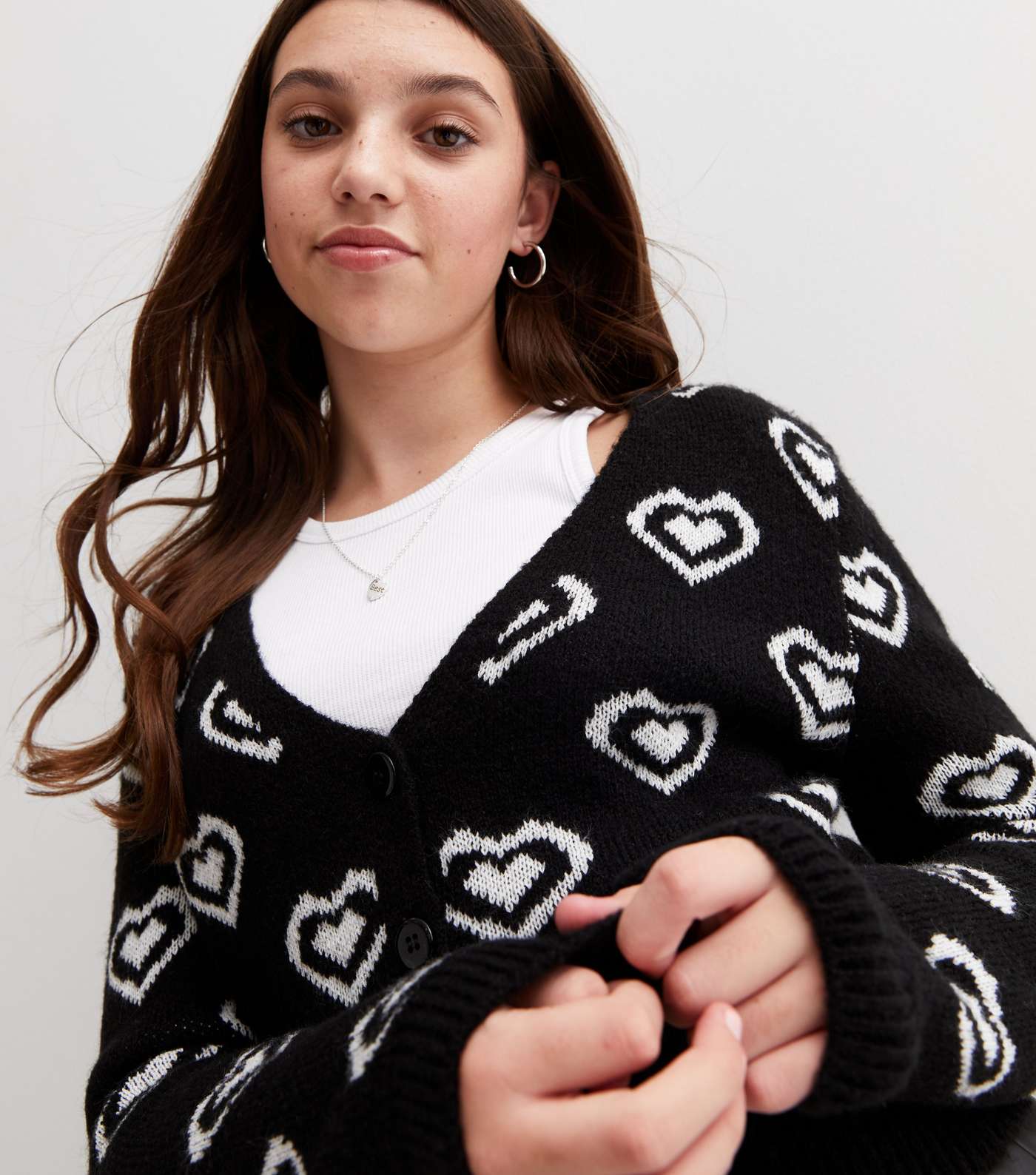 Girls Black Retro Heart Button Knit Cardigan Image 2