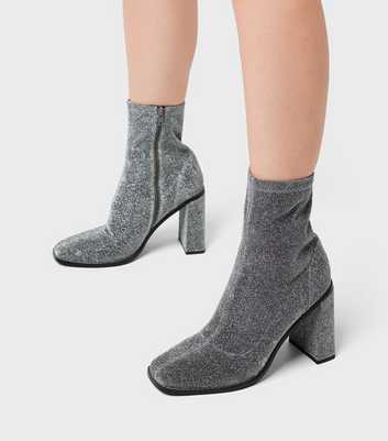 London Rebel Silver Sparkly Block Heel Sock Boots