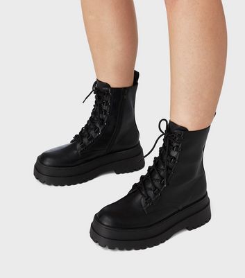 London Rebel Black Leather-Look Lace Up Chunky Ankle Boots New Look