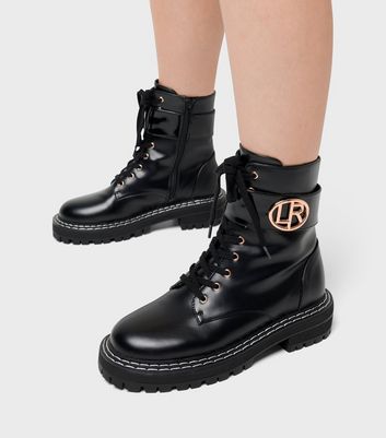 London Rebel Black Leather-Look Logo Trim Biker Boots New Look