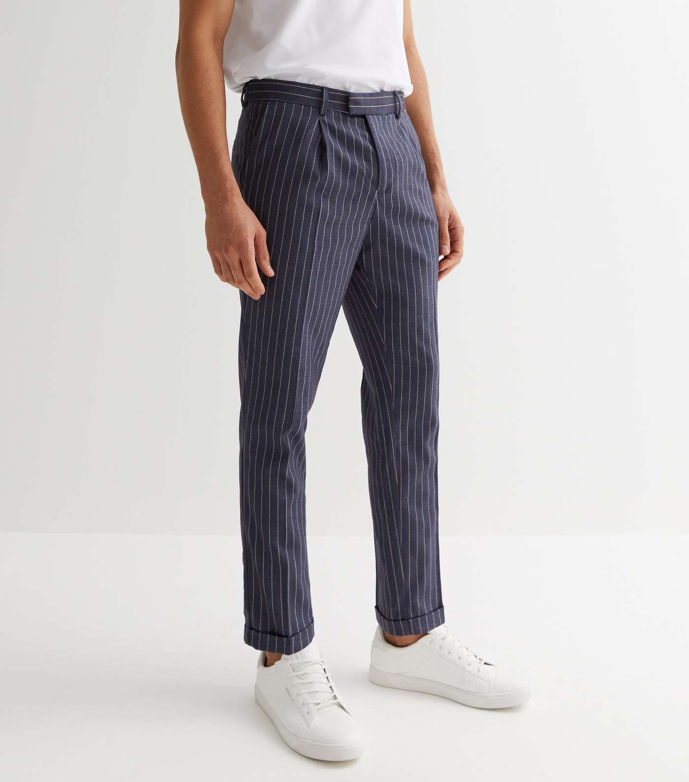 Blue Stripe Pleated Tapered Trousers Image 2