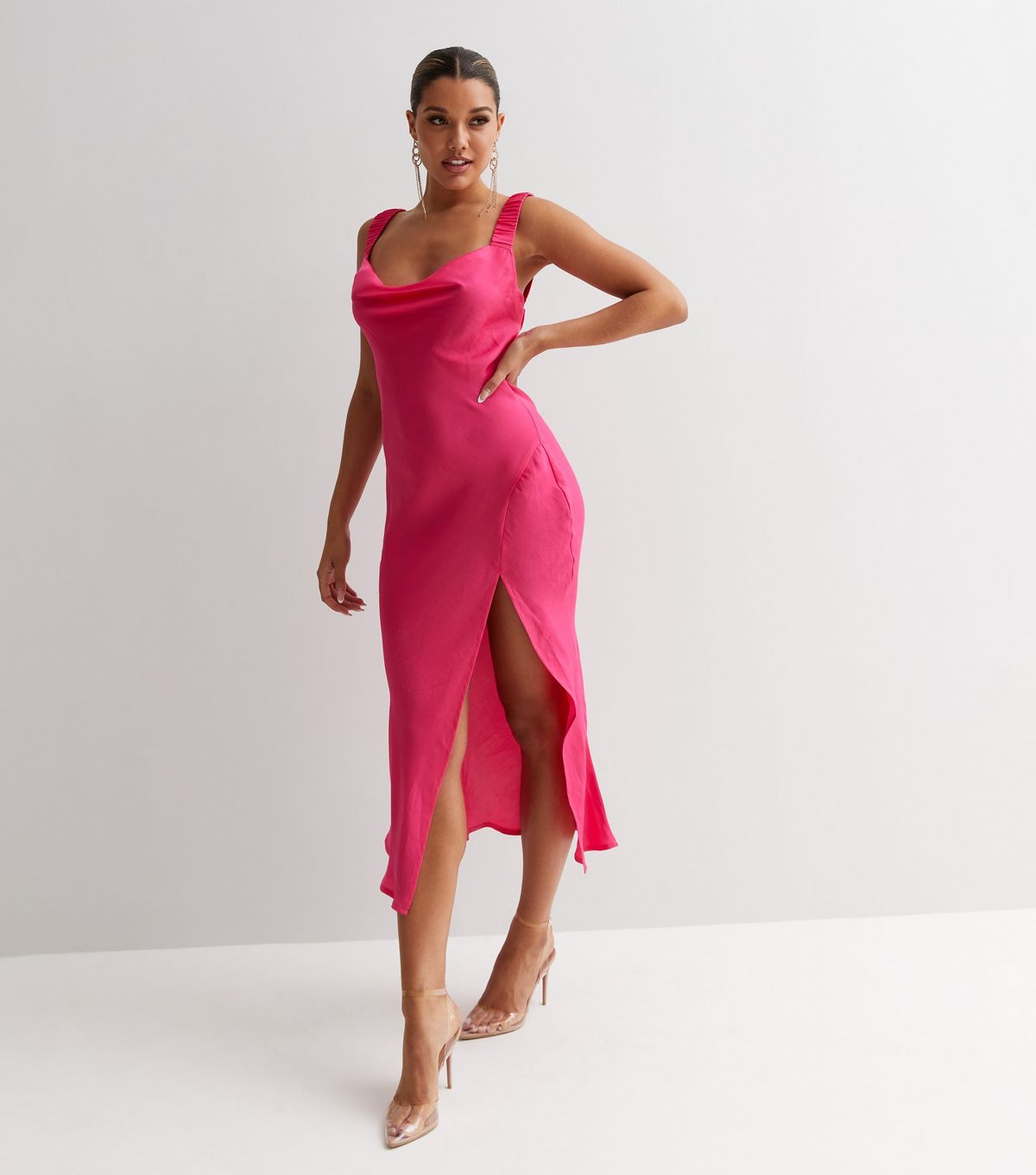 Hot pink cocktail dress with thigh high slit