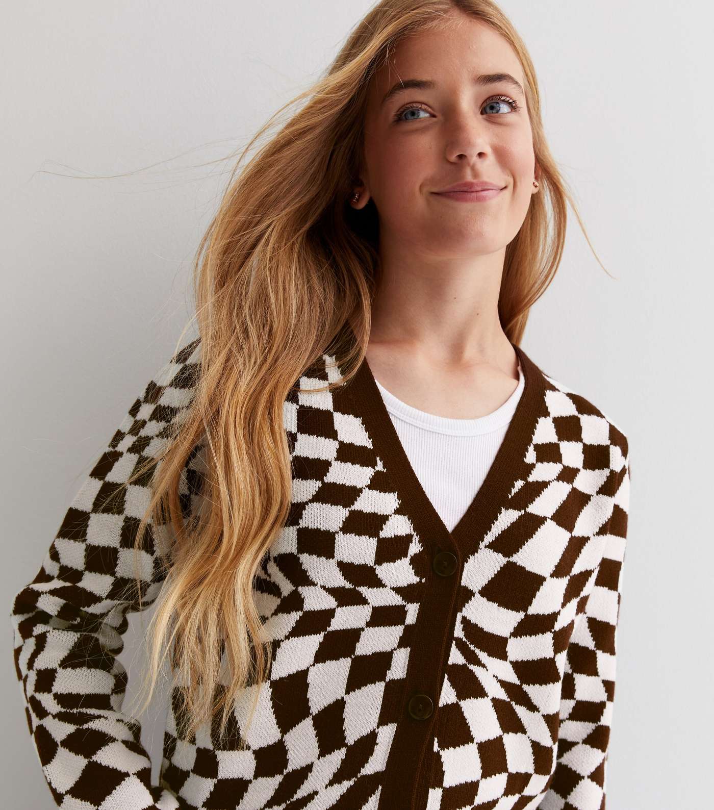 Girls Brown Knit Checkerboard Cardigan Image 2
