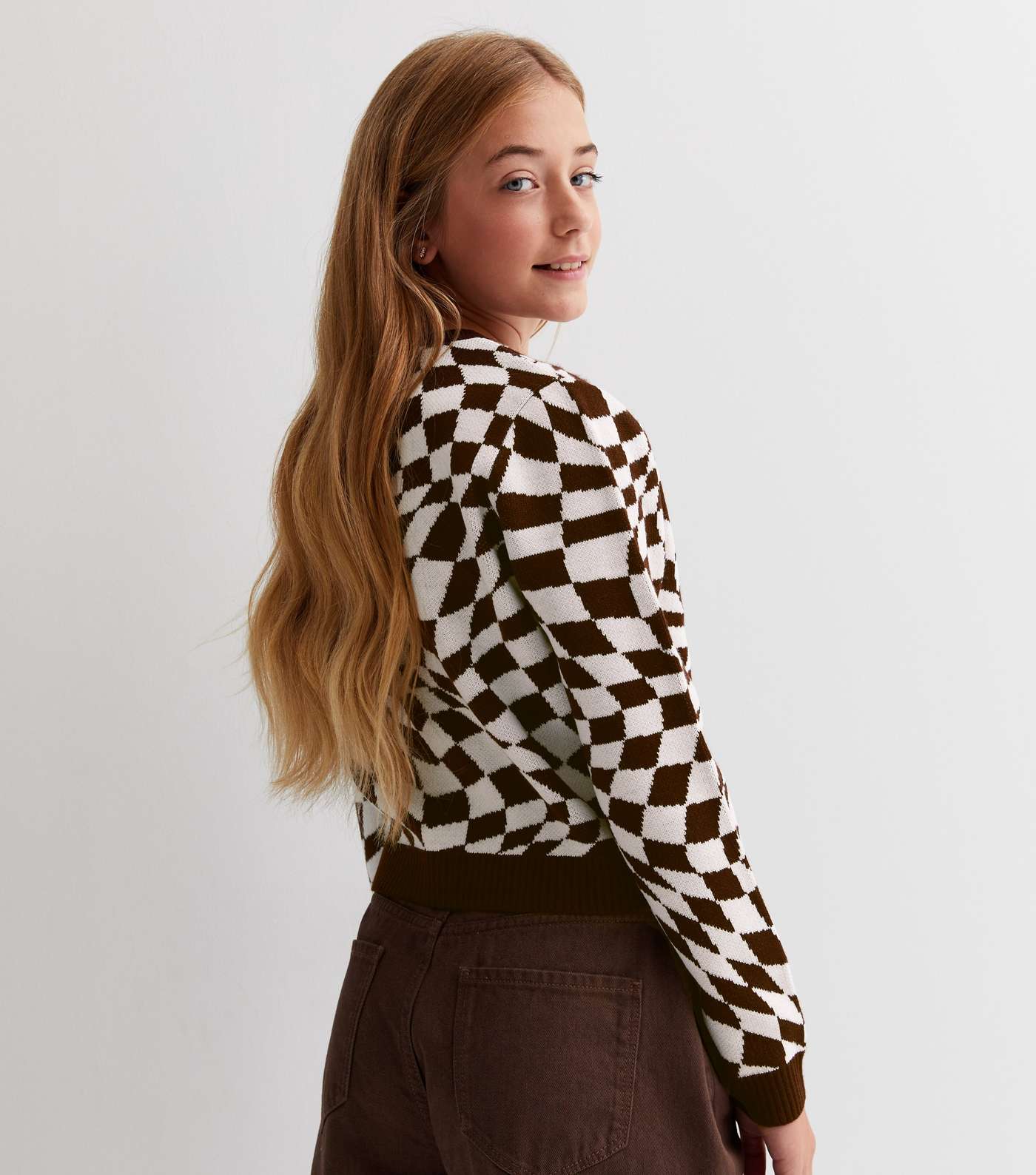 Girls Brown Knit Checkerboard Cardigan Image 4