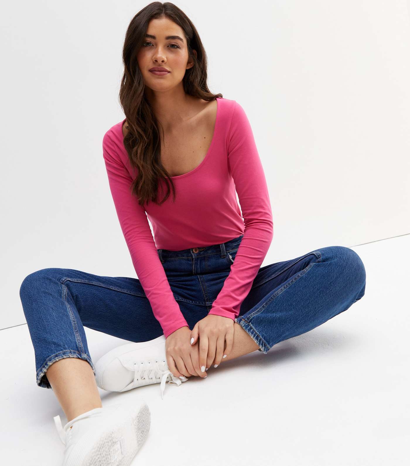 Bright Pink Scoop Neck Long Sleeve T-Shirt Image 2