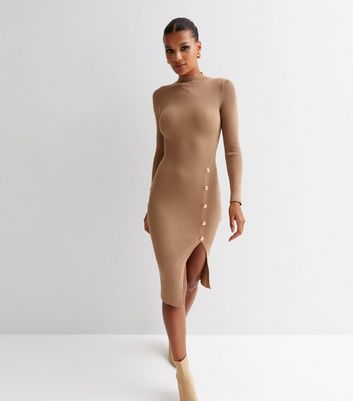 Tan Ribbed Knit High Neck Button Side Midi Dress