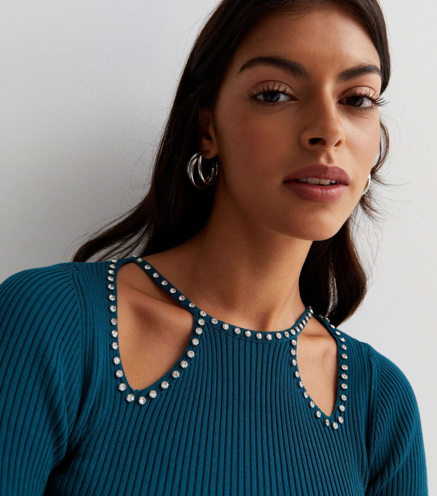 Teal Ribbed Knit Diamanté Embellished Cut Out Long Sleeve Jumper