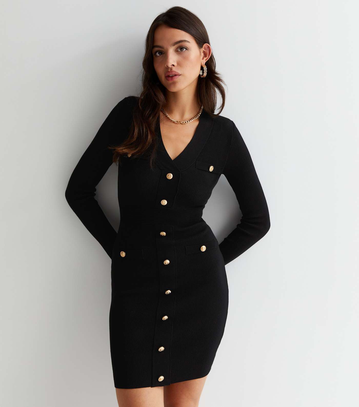 Black Ribbed Knit Button Front Long Sleeve Padded Shoulder Mini Dress Image 2
