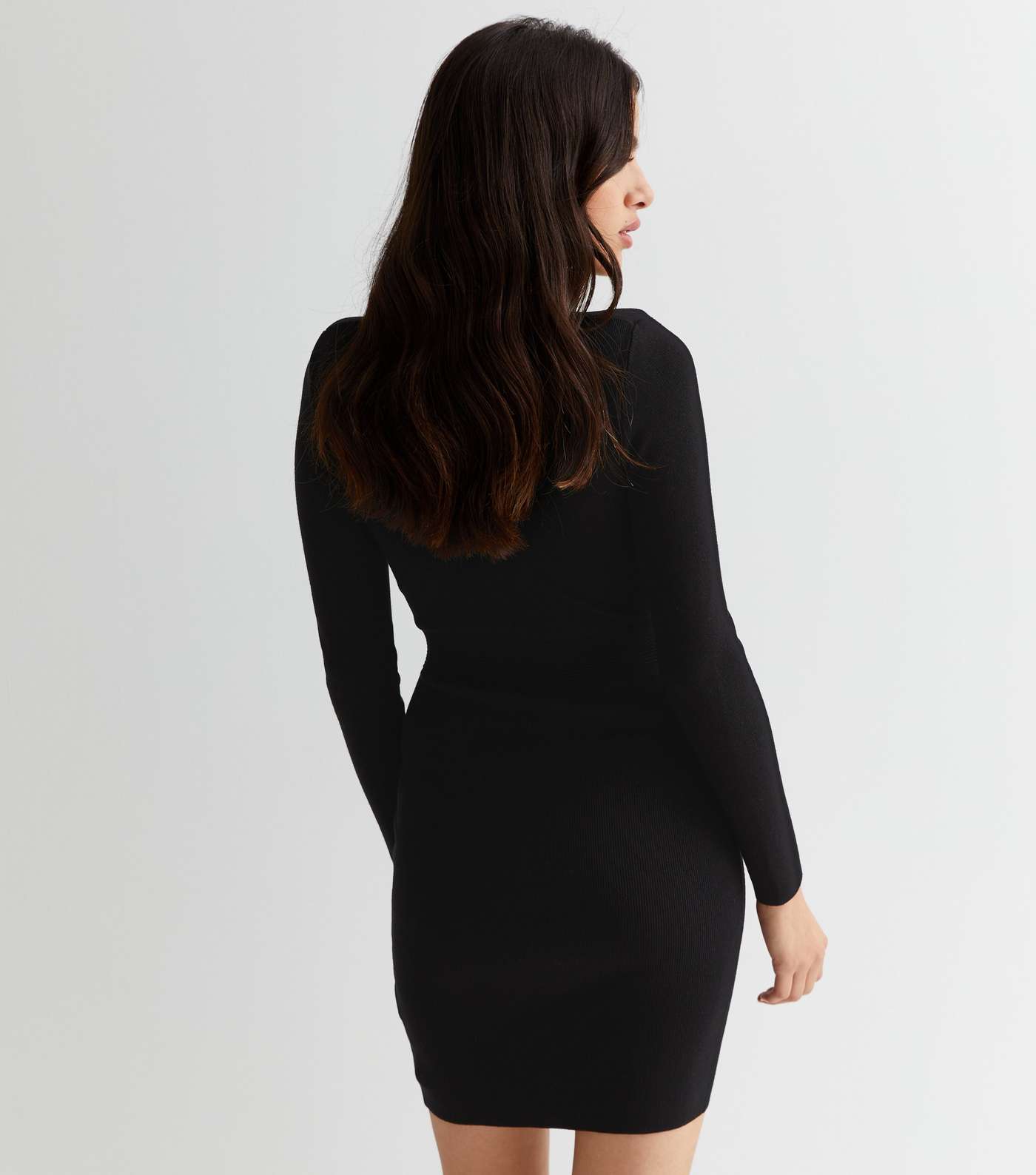 Black Ribbed Knit Button Front Long Sleeve Padded Shoulder Mini Dress Image 4