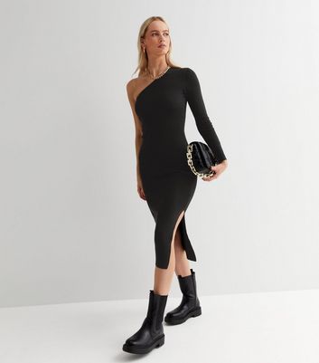 Black Ribbed Knit One Shoulder Midi Dress