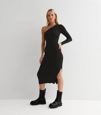 Black knitted clearance one shoulder dress