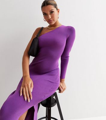 Dark Purple Ribbed Knit One Shoulder Midi Dress