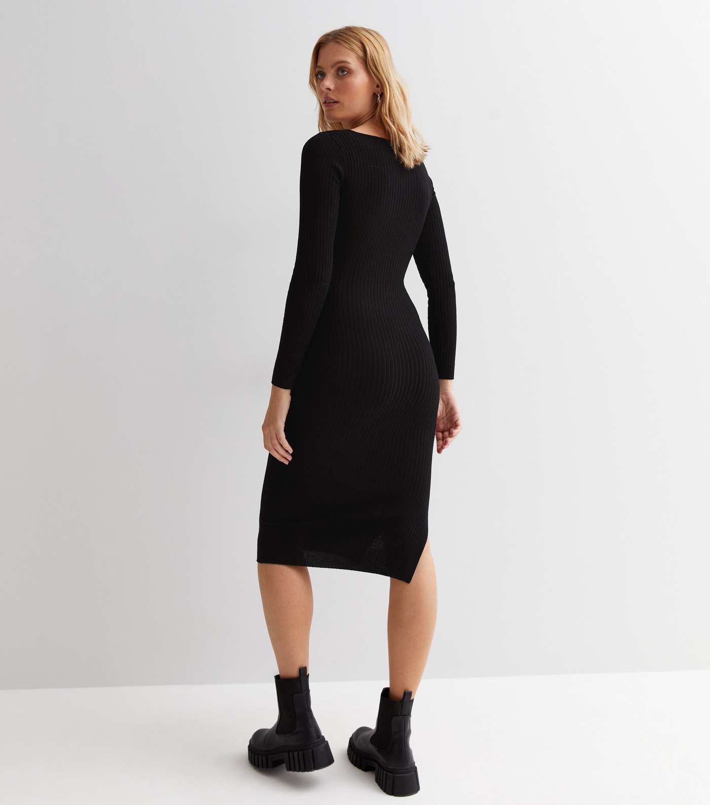 Black Square Neck Long Sleeve Midi Dress Image 4