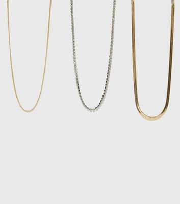 3 Pack Gold and Silver Diamanté Chain Necklaces