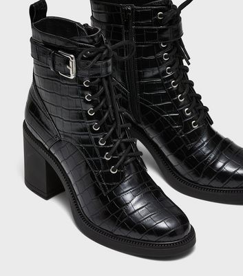 black crocodile lace up boots