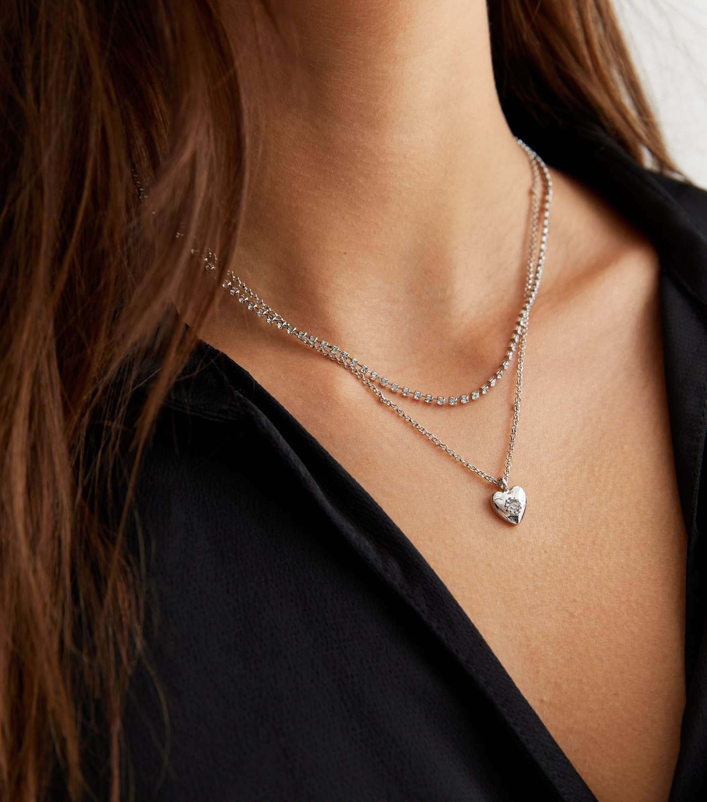 Silver Diamanté Heart Pendant Layered Necklace Image 2