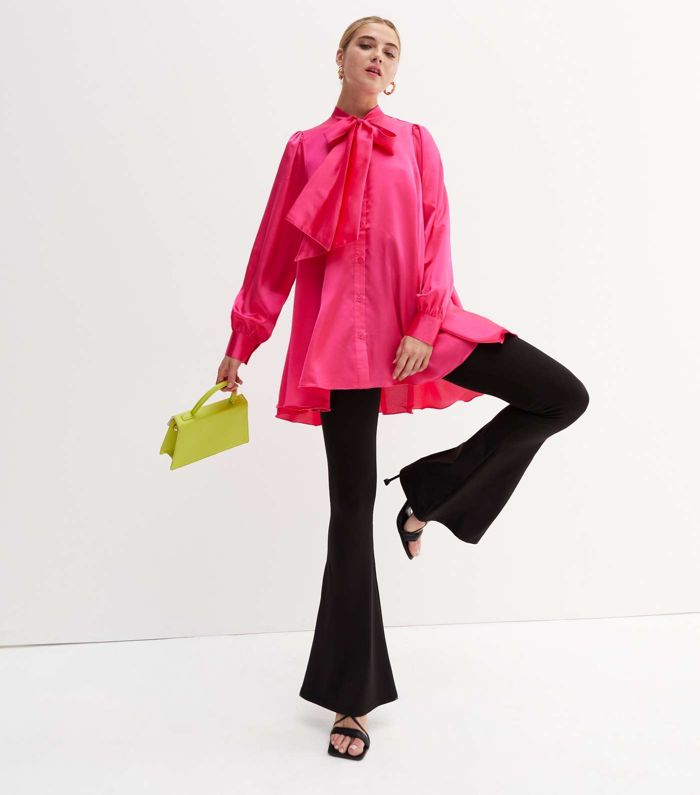 Bright Pink Satin Bow High Neck Long Sleeve Blouse