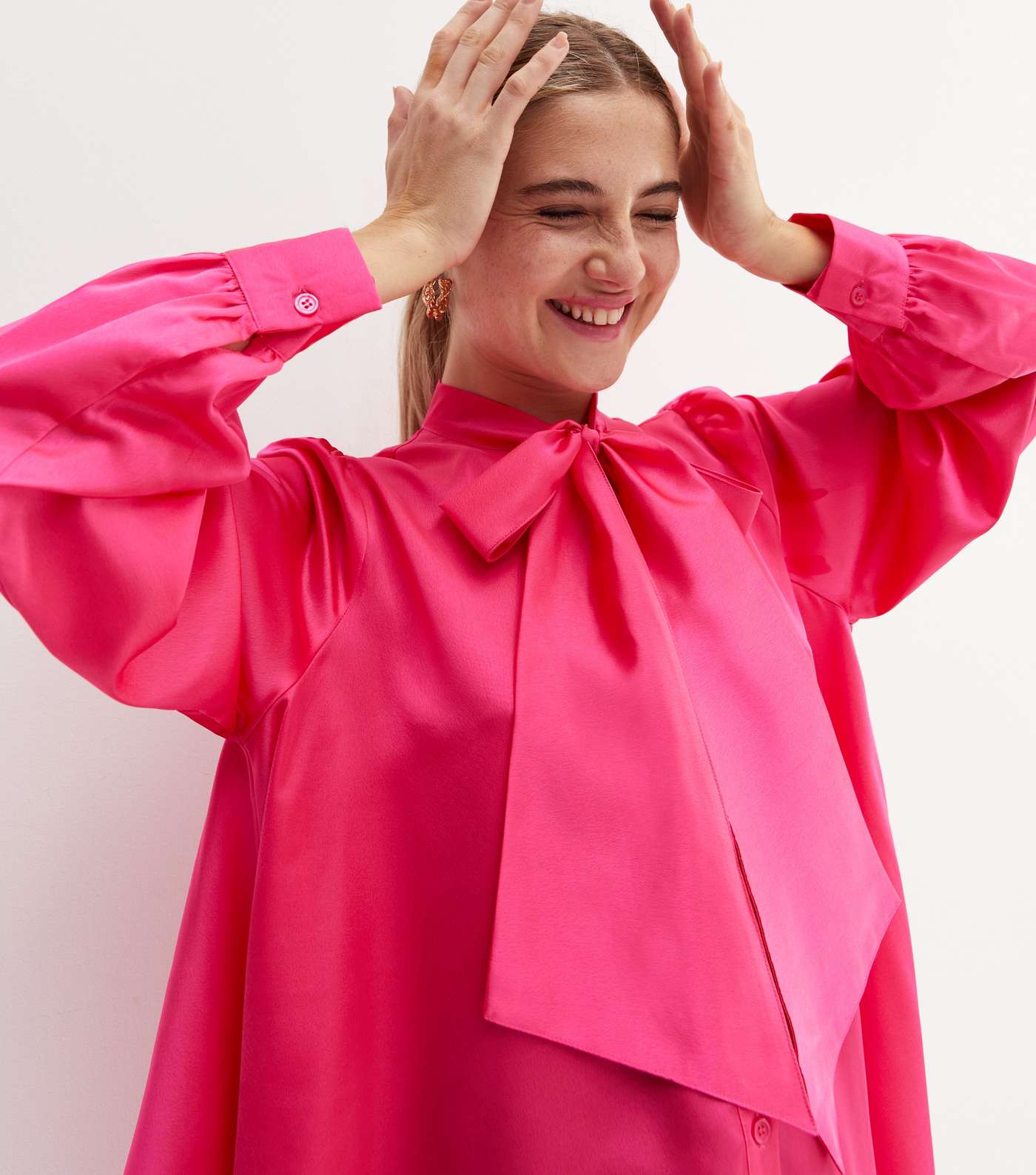 Bright Pink Satin Bow High Neck Long Sleeve Blouse Image 3