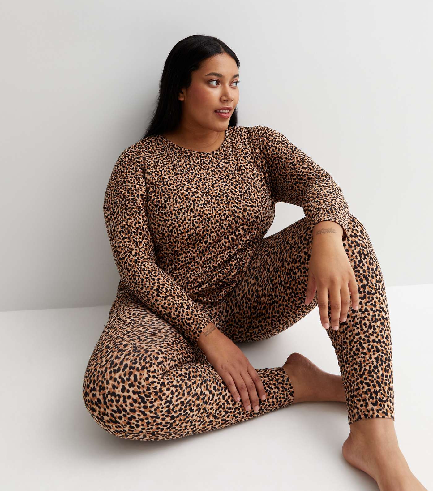 Curves Brown Soft Touch Pyjama Set with Mark Making Print