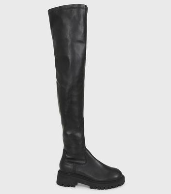 London Rebel Black Leather-Look Stretch Over the Knee Boots