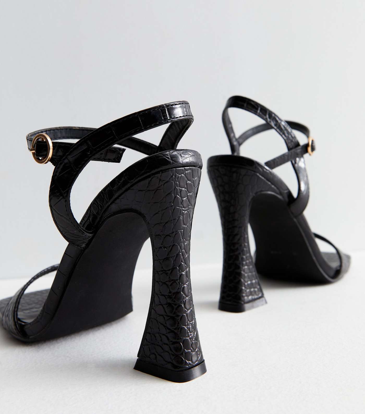 Black Faux Croc Flared Heel Strappy Sandals Image 3