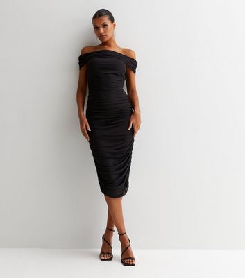 Ruched bardot midi discount dress