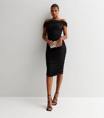 Black bardot ruched dress sale