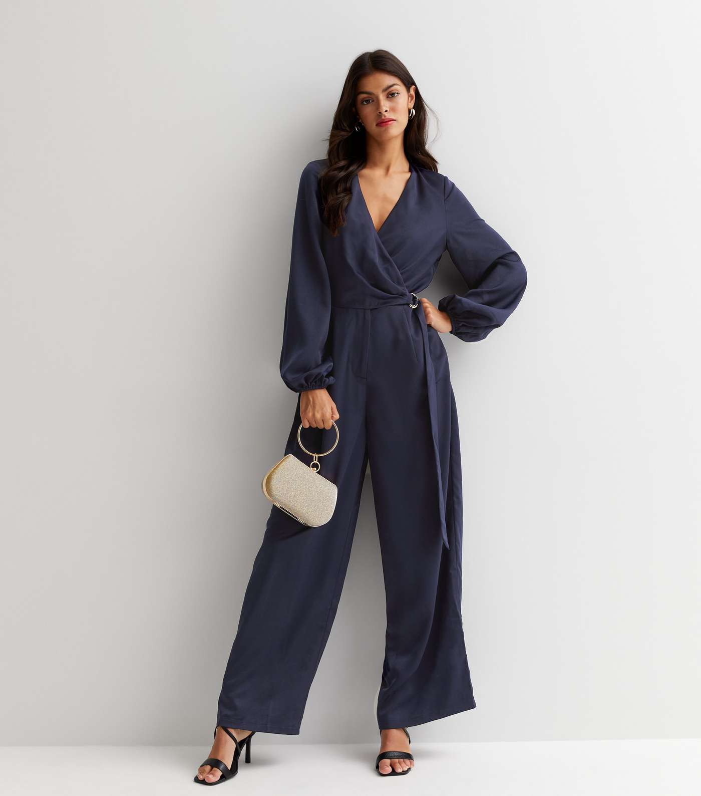 Little Mistress Navy Satin Long Puff Sleeve Belted D-Ring Wrap Jumpsuit Image 2