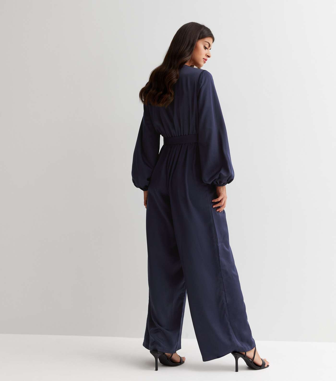 Little Mistress Navy Satin Long Puff Sleeve Belted D-Ring Wrap Jumpsuit Image 4