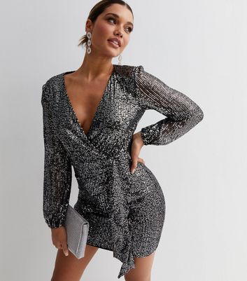 Little Mistress Pewter Sequin Long Sleeve Drape Mini Wrap Dress | New Look