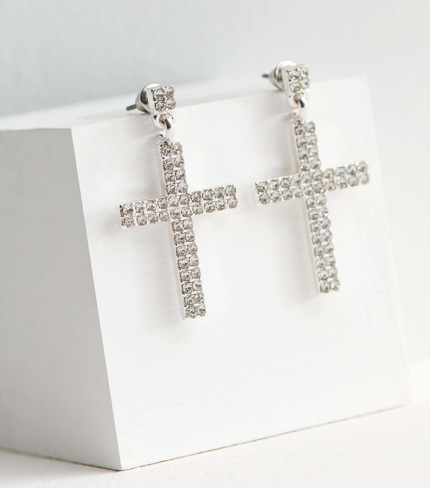 Silver Diamanté Cross Charm Stud Earrings Image 3