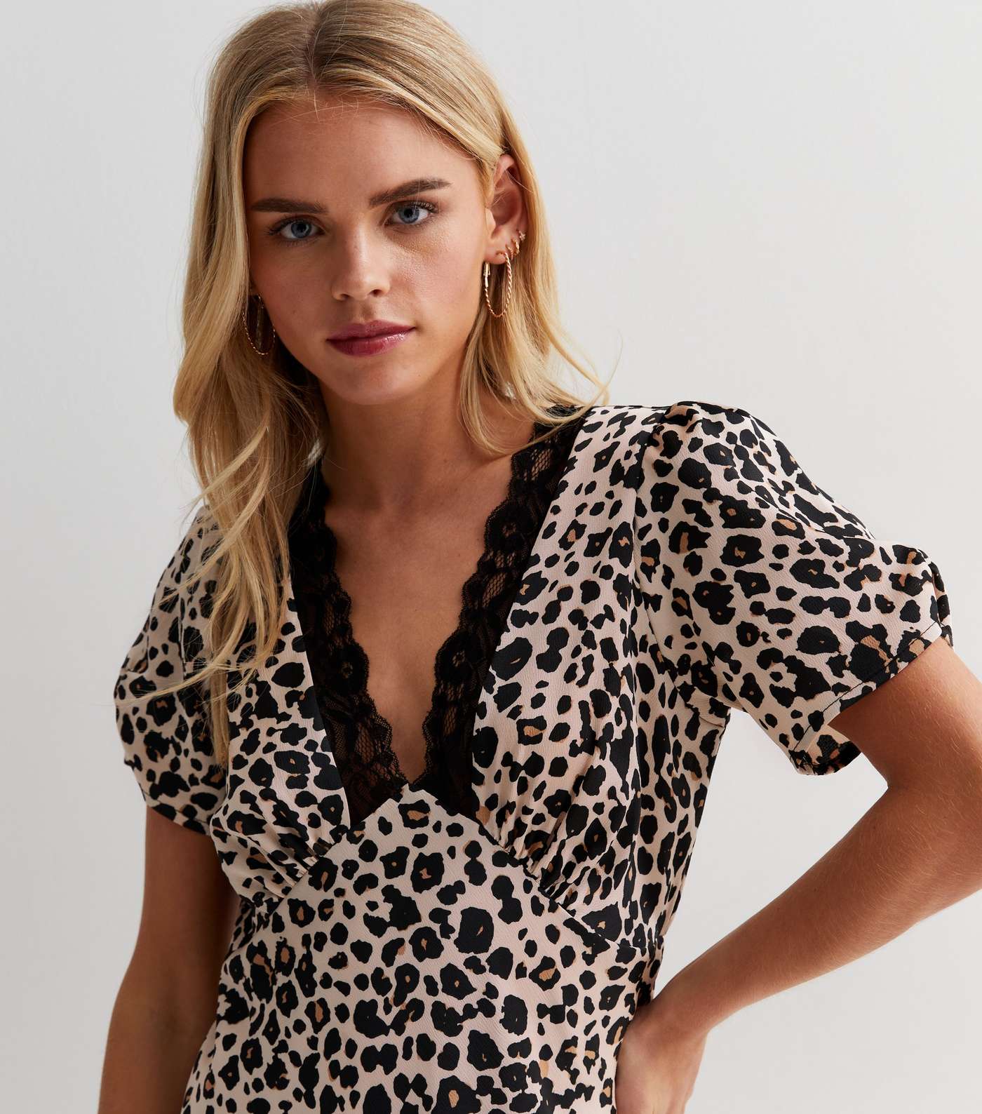 Petite Brown Leopard Print Satin Lace Trim Midi Dress Image 3