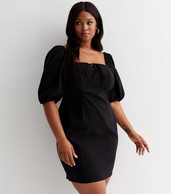 Curves Black Square Neck Short Puff Sleeve Lace Front Mini Dress New Look