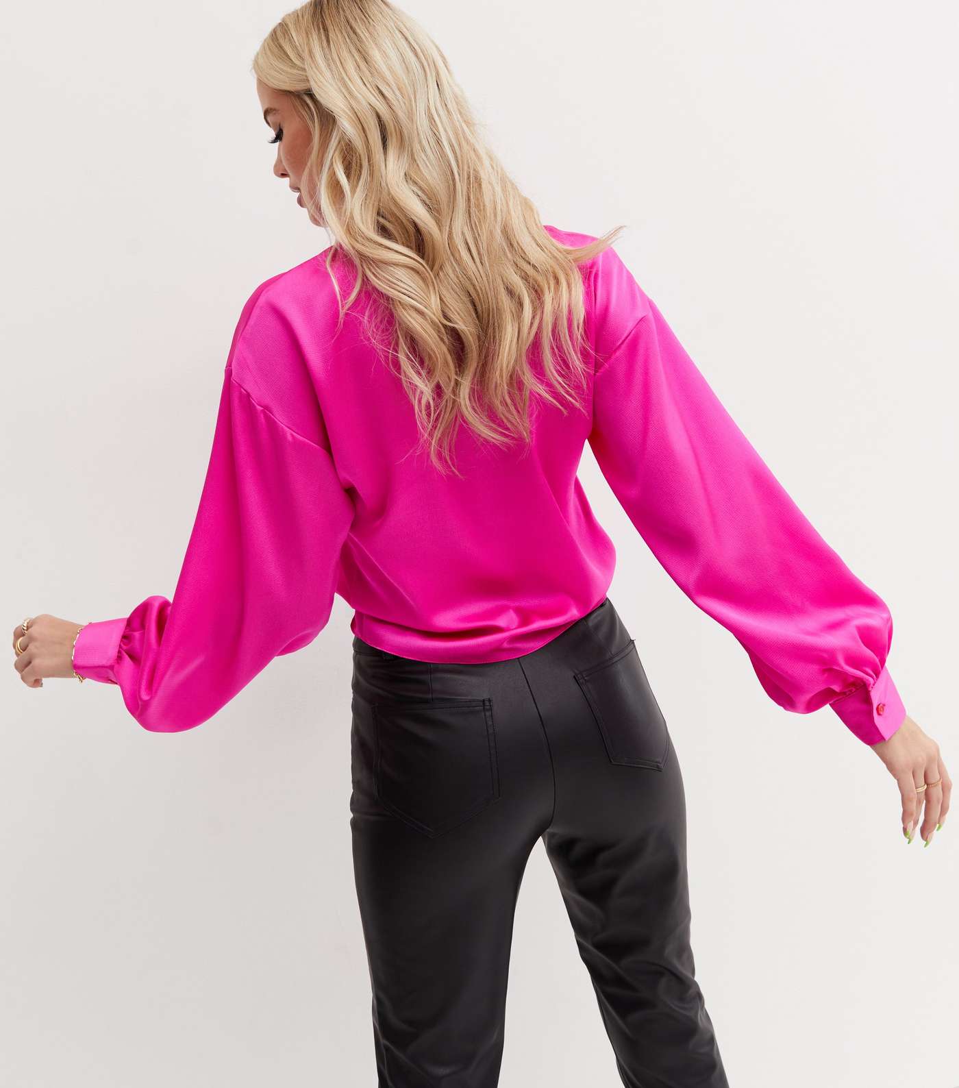 Deep Pink Satin Tie Front Long Puff Sleeve Shirt Image 4