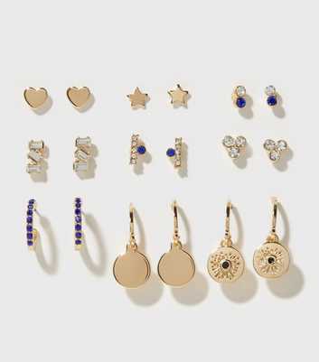 9 Pack Blue Gem Stud and Hoop Earrings
