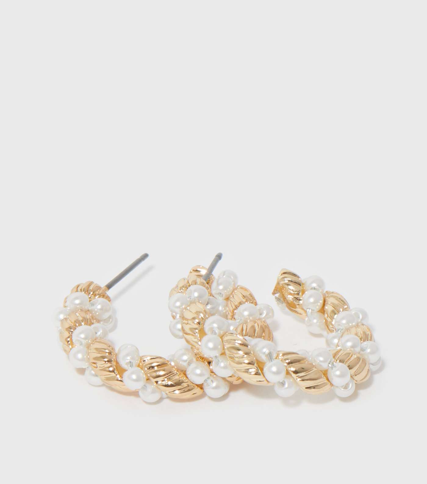 Gold Faux Pearl Chunky Twist Hoop Earrings Image 2