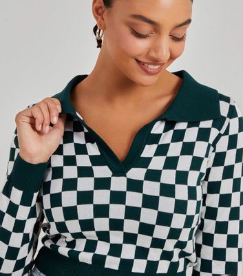 Pink Vanilla Green Checkerboard Ribbed Knit Collared Top