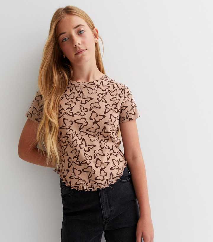 Girls Light Brown Butterfly Frill Hem T-Shirt
