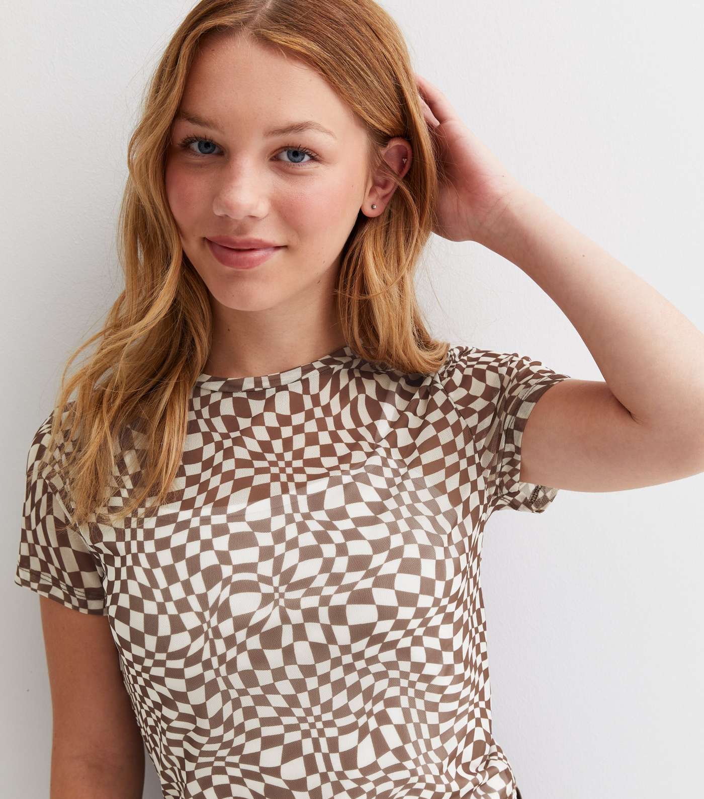 Girls Brown Abstract Checkerboard Mesh Top