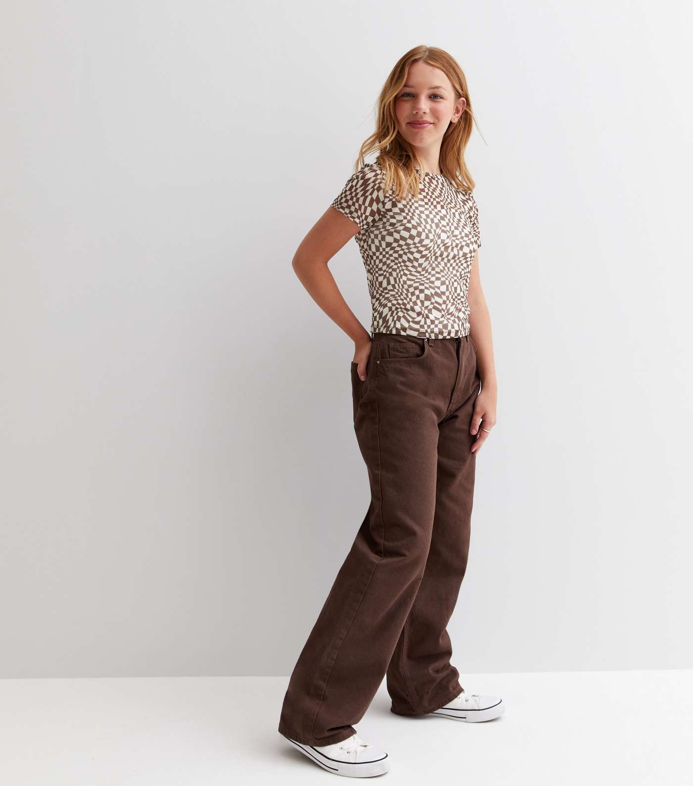 Girls Brown Abstract Checkerboard Mesh Top Image 3