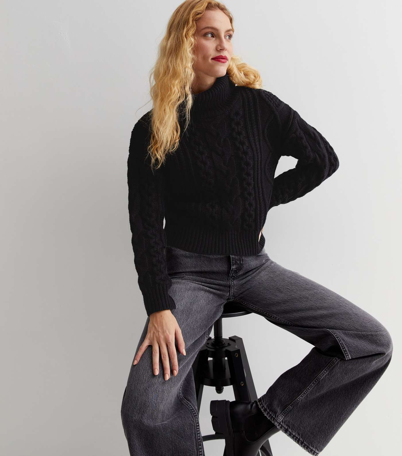 Black Cable Knit Roll Neck Jumper