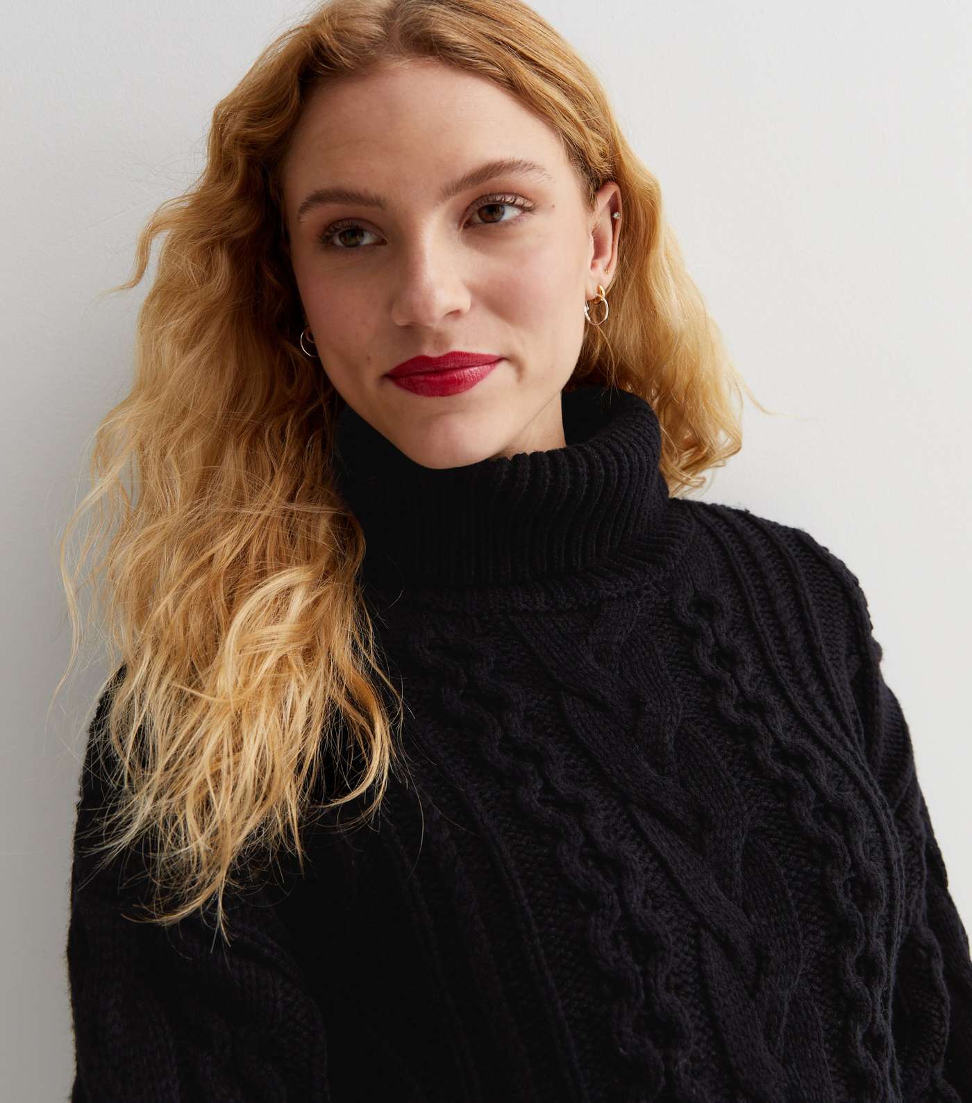 Black Cable Knit Roll Neck Jumper Image 3