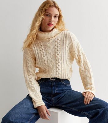Off White Cable Knit Roll Neck Jumper | New Look