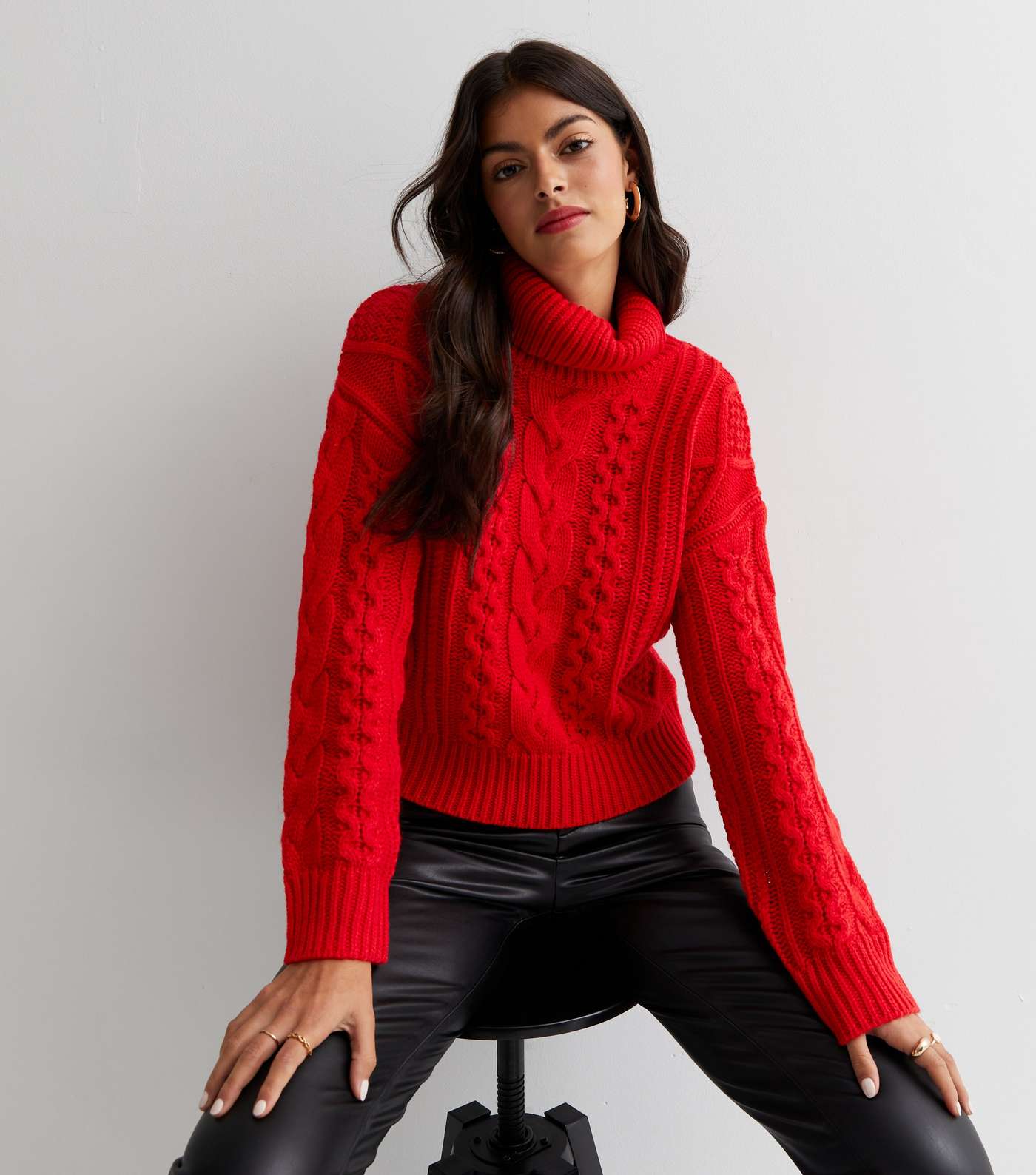 Red Cable Knit Roll Neck Jumper